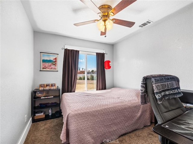 bedroom featuring access to exterior, ceiling fan, and carpet