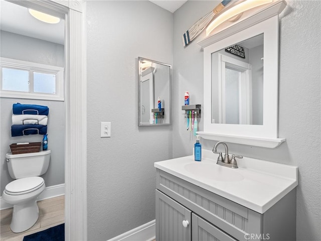 bathroom featuring vanity, toilet, and wood-type flooring