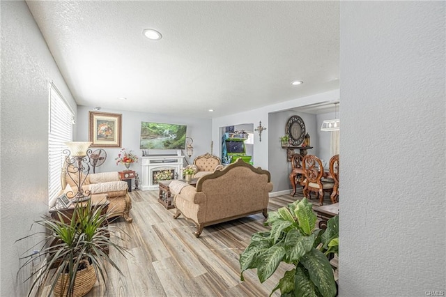 living room with light hardwood / wood-style flooring and a textured ceiling