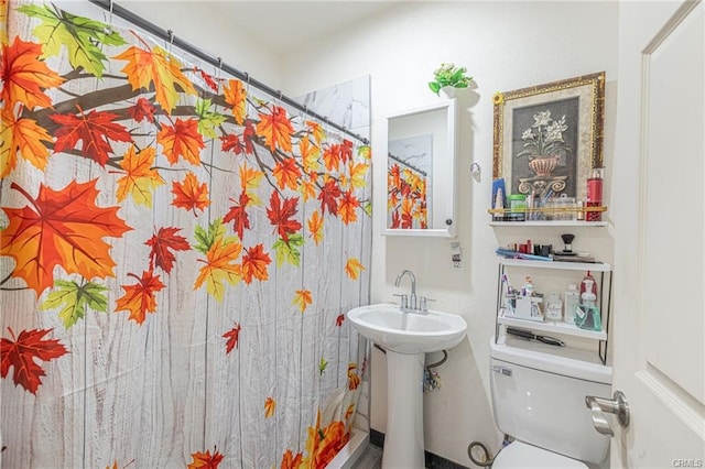 bathroom with a shower with curtain and toilet