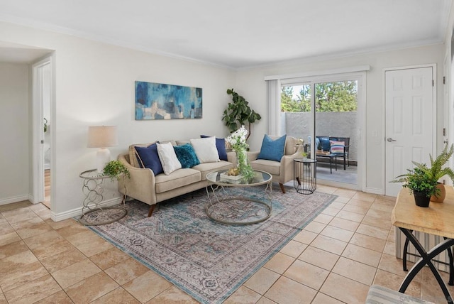 tiled living room featuring crown molding