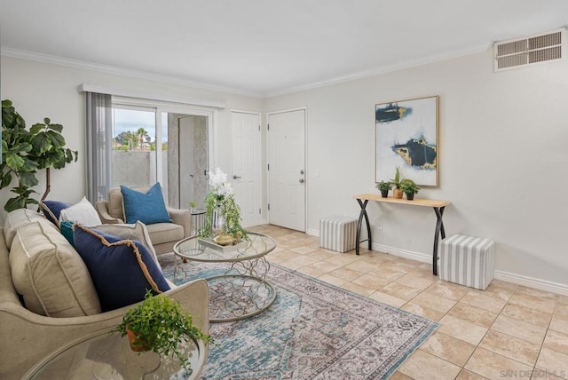 tiled living room featuring crown molding