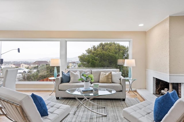 living room featuring a fireplace, light wood-type flooring, and a wealth of natural light