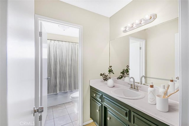 full bathroom with vanity, shower / tub combo, tile patterned floors, and toilet