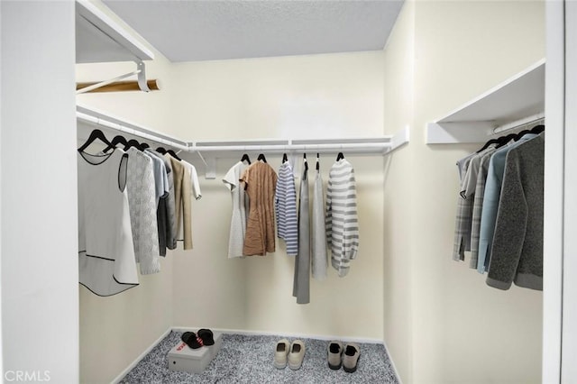 walk in closet featuring carpet flooring