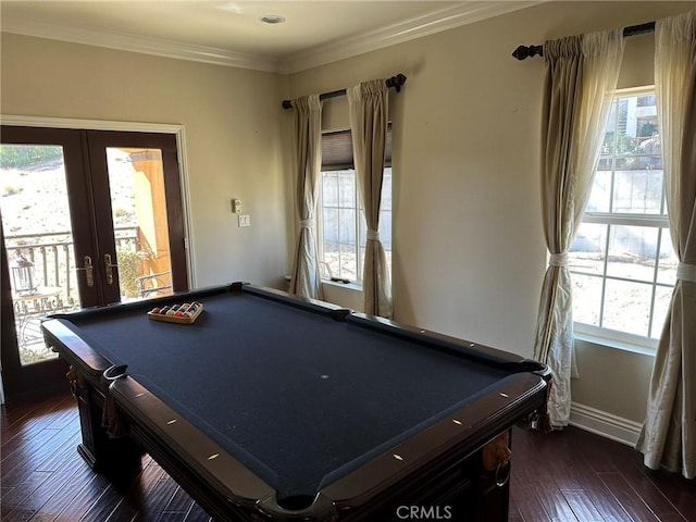 recreation room featuring crown molding, dark wood-type flooring, pool table, and french doors