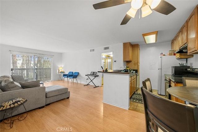 living room featuring ceiling fan and light hardwood / wood-style flooring