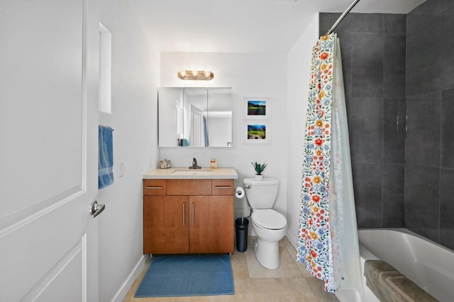 full bathroom with shower / bath combination with curtain, tile patterned floors, vanity, and toilet