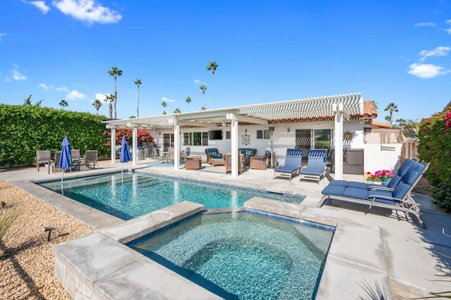 rear view of property with a patio, outdoor lounge area, a pool with hot tub, and a pergola