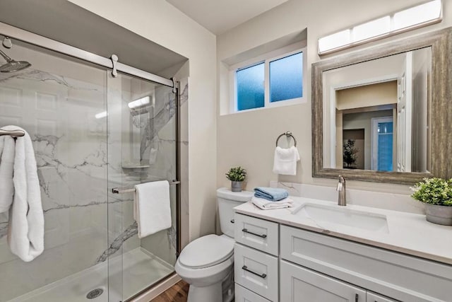 bathroom featuring an enclosed shower, vanity, and toilet