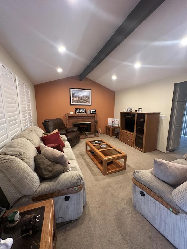 living room featuring vaulted ceiling with beams and light colored carpet