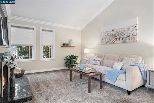 living room with crown molding, lofted ceiling, a high end fireplace, and carpet floors