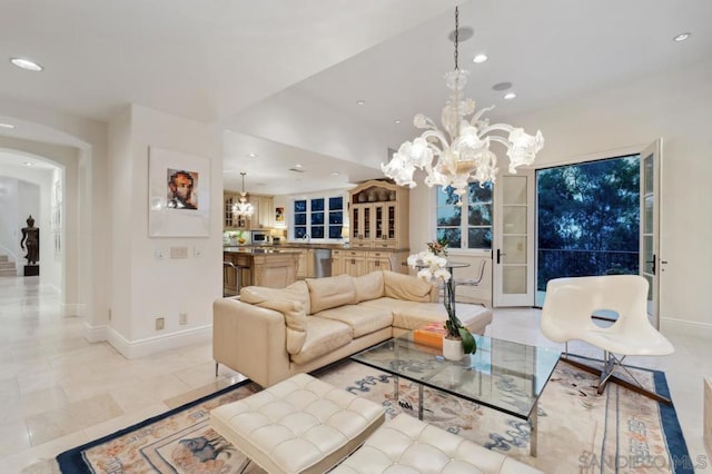 living room with a chandelier