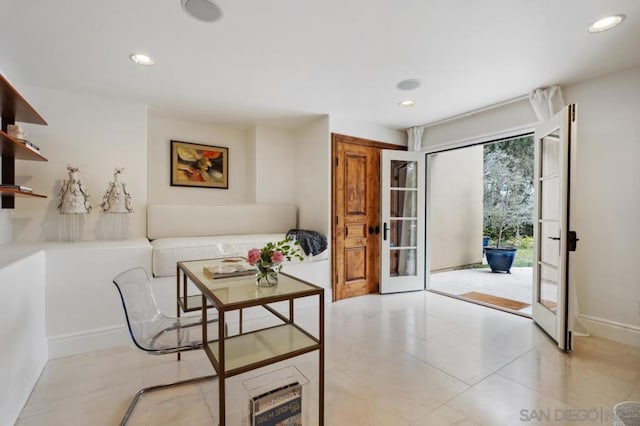 tiled living room with french doors