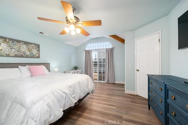 bedroom with lofted ceiling, light hardwood / wood-style flooring, and ceiling fan