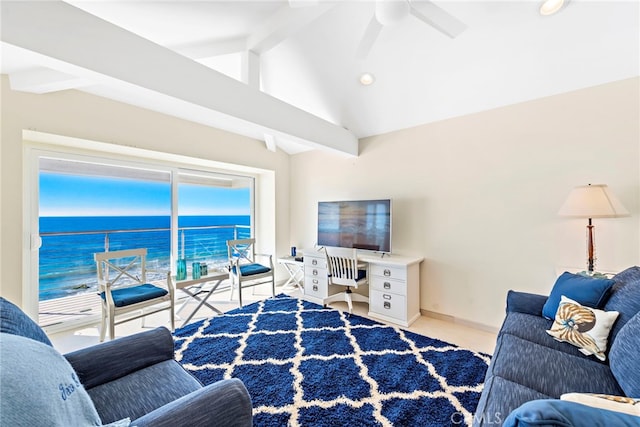 living room featuring ceiling fan and vaulted ceiling with beams