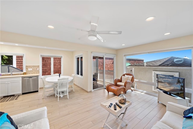 1051 Gaviota Dr, Laguna Beach, CA 92651 - living area with light wood-type flooring, a ceiling fan, and recessed lighting