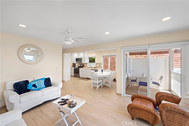 1051 Gaviota Dr, Laguna Beach, CA 92651 - living area featuring light wood-type flooring, a ceiling fan, and recessed lighting