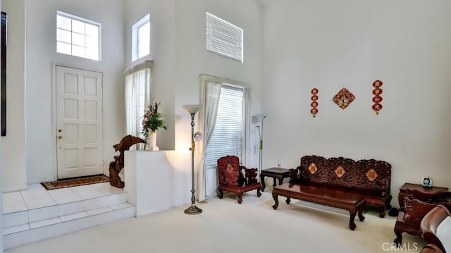 carpeted foyer entrance featuring a high ceiling