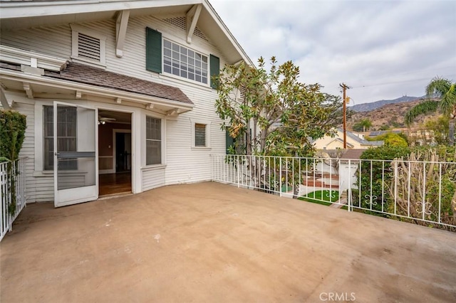 view of patio with a mountain view