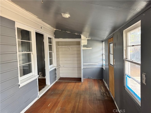 interior space featuring vaulted ceiling and dark hardwood / wood-style floors