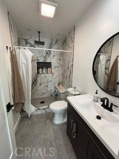 bathroom with vanity, toilet, and walk in shower