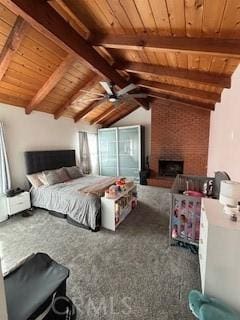 carpeted bedroom featuring wood ceiling, a brick fireplace, and vaulted ceiling with beams