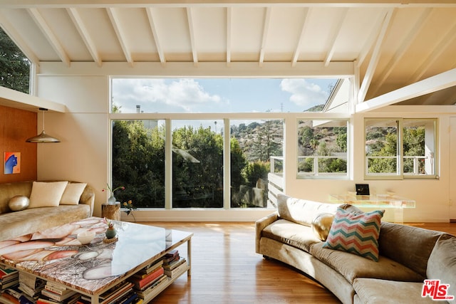 sunroom with vaulted ceiling with beams