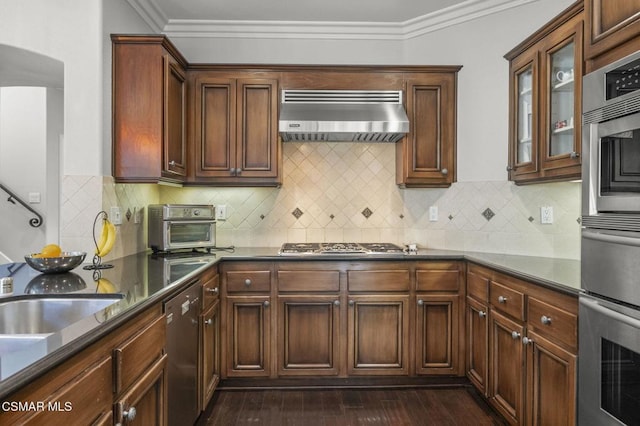 kitchen with dark hardwood / wood-style flooring, crown molding, ventilation hood, and stainless steel appliances