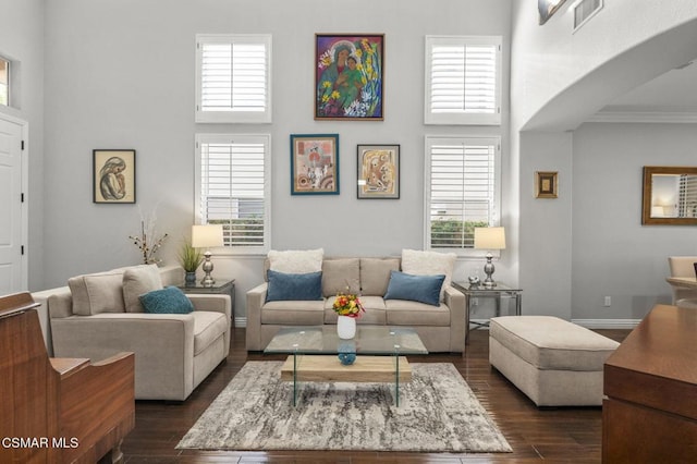 living room with crown molding, dark wood-type flooring, and a towering ceiling