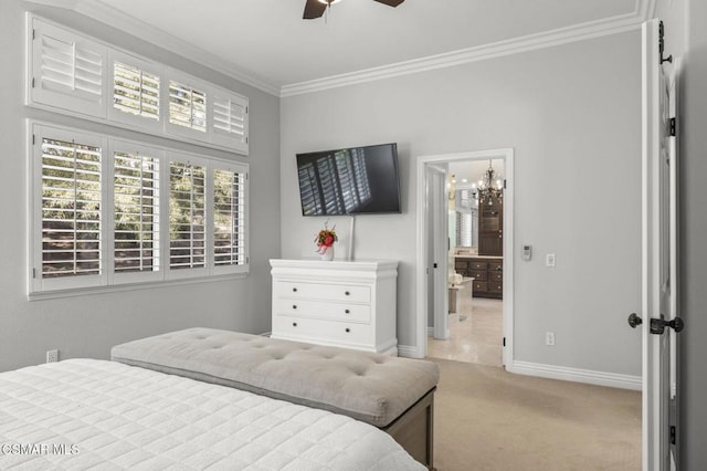 carpeted bedroom featuring crown molding and ceiling fan with notable chandelier