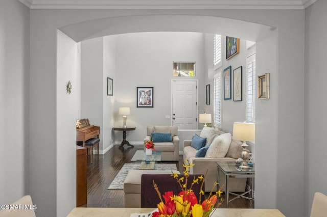 living room featuring ornamental molding and dark hardwood / wood-style floors