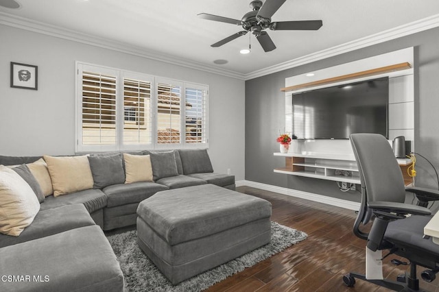 living room featuring dark wood-type flooring, ceiling fan, and crown molding