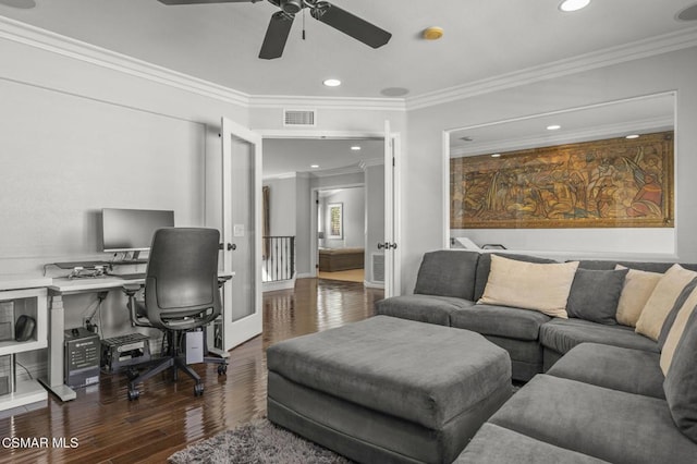 interior space featuring dark wood-type flooring, ceiling fan, and ornamental molding