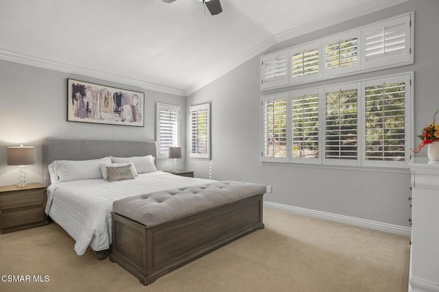 bedroom featuring lofted ceiling, crown molding, light colored carpet, and ceiling fan