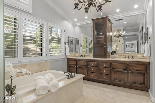 bathroom with tiled bath, a chandelier, vanity, crown molding, and tile patterned floors