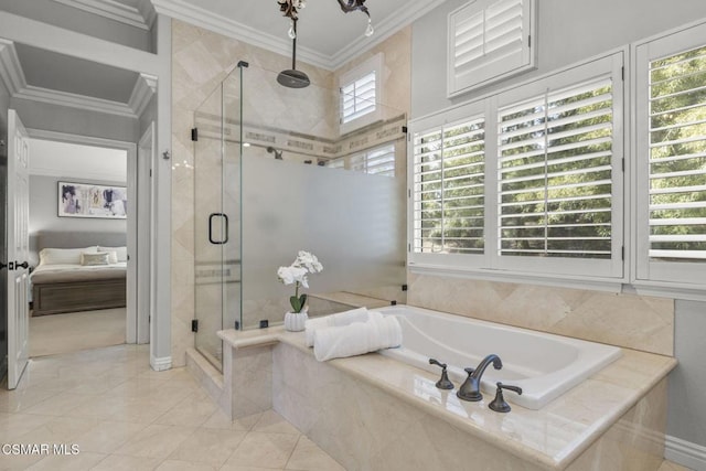 bathroom with crown molding, separate shower and tub, and tile patterned flooring