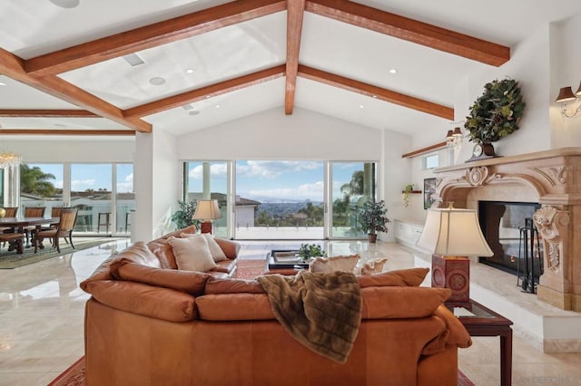 living room with a high end fireplace, high vaulted ceiling, and beamed ceiling