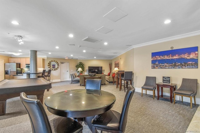 dining room with pool table, ornamental molding, and decorative columns