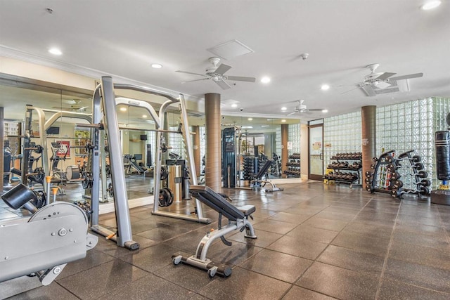 workout area with crown molding