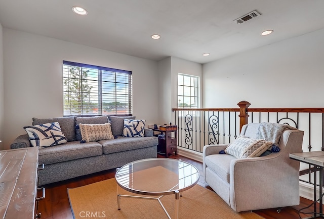 living room featuring dark wood-type flooring