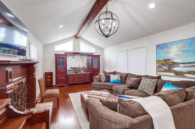 living room with dark hardwood / wood-style flooring, vaulted ceiling with beams, and a notable chandelier