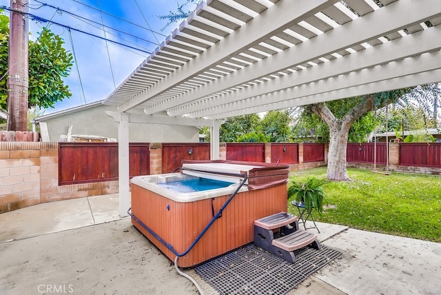 view of patio / terrace with a hot tub and a pergola