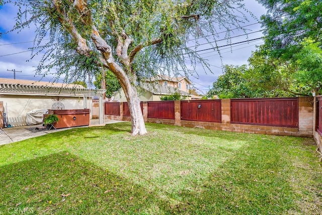 view of yard with a hot tub