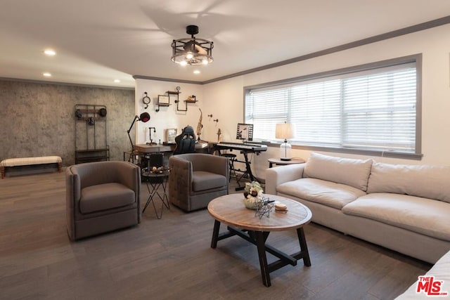 living room featuring ornamental molding and dark hardwood / wood-style floors