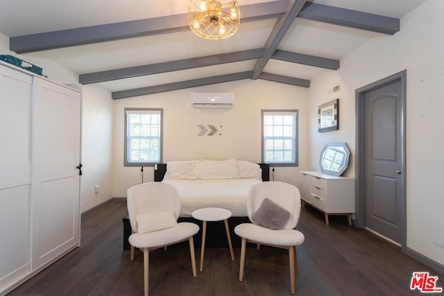 bedroom with dark hardwood / wood-style flooring, vaulted ceiling with beams, an inviting chandelier, and a wall unit AC