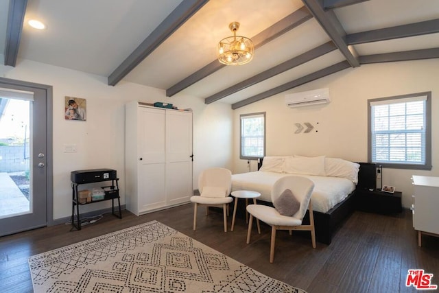 bedroom with vaulted ceiling with beams, dark wood-type flooring, a notable chandelier, and a wall unit AC