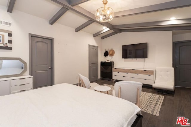 bedroom featuring vaulted ceiling with beams, dark wood-type flooring, and an inviting chandelier