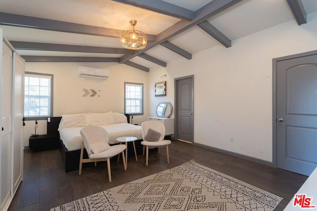 bedroom with an AC wall unit, dark wood-type flooring, and vaulted ceiling with beams