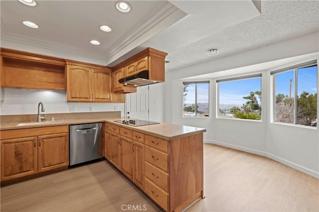 kitchen with sink, light hardwood / wood-style flooring, stainless steel dishwasher, ornamental molding, and black electric stovetop